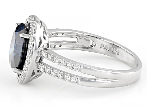 Navy Blue And Colorless Moissanite Platineve Halo Ring 2.58ctw DEW.