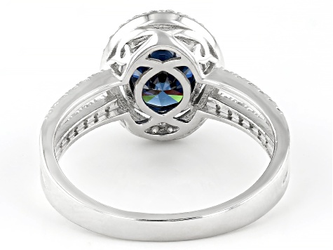 Navy Blue And Colorless Moissanite Platineve Halo Ring 2.58ctw DEW.