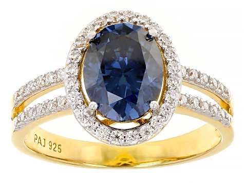 Navy Blue And Colorless Moissanite 14k Yellow Gold Over Silver Halo Ring 2.58ctw DEW.