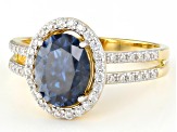 Navy Blue And Colorless Moissanite 14k Yellow Gold Over Silver Halo Ring 2.58ctw DEW.