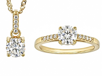 Picture of Moissanite 14k Yellow Gold Over Silver Ring And Pendant Set 1.72ctw DEW
