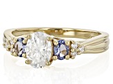 Moissanite And Tanzanite 14k Yellow Gold Over Silver Ring .96ctw DEW