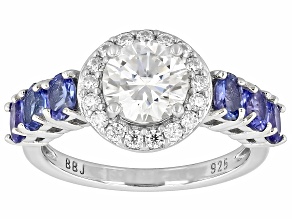 Moissanite And Tanzanite Platineve Halo Ring 1.56ctw DEW.