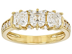 Moissanite 14k Yellow Gold Silver 3 stone Ring 1.48ctw DEW.