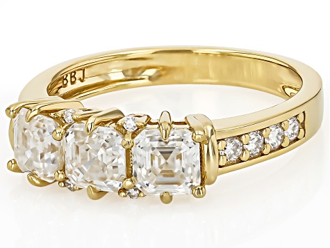 Moissanite 14k Yellow Gold Silver 3 stone Ring 1.48ctw DEW.