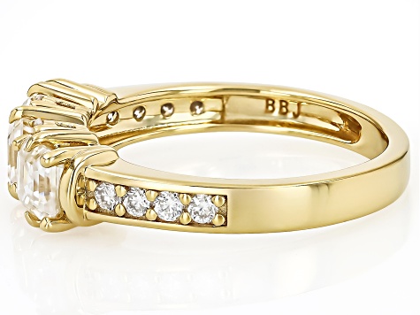 Moissanite 14k Yellow Gold Silver 3 stone Ring 1.48ctw DEW.