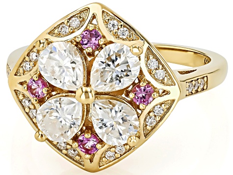 Moissanite And Pink Sapphire 14K Yellow Gold Over Silver