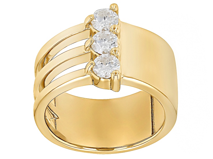 Moissanite 14k Yellow Gold Over Silver 3 Stone Design Ring 0.69ctw DEW.