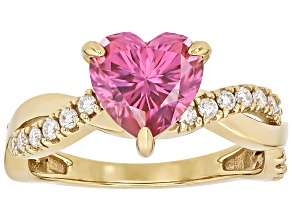 Pink And Colorless Moissanite 14k Yellow Gold Over Silver Heart Ring 2.18ctw DEW