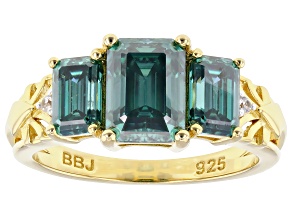 Green And Colorless Moissanite 14k Yellow Gold Over Silver 3 Stone Design Ring 2.93ctw DEW.