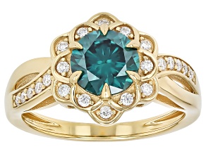Green And Colorless Moissanite 14k Yellow Gold Over Silver Halo Design Ring 1.42ctw DEW