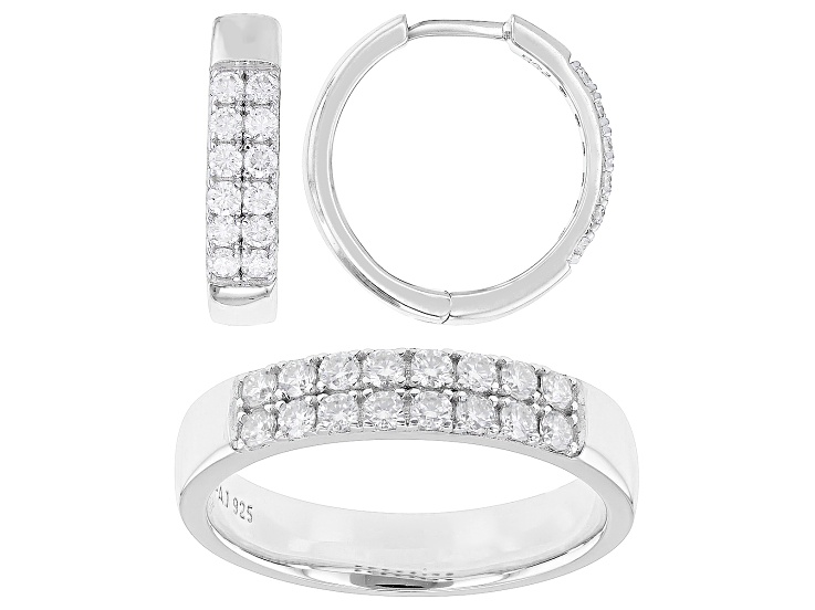 Moissanite Platineve Hoop Earrings and Band Ring Set 1.20ctw DEW.
