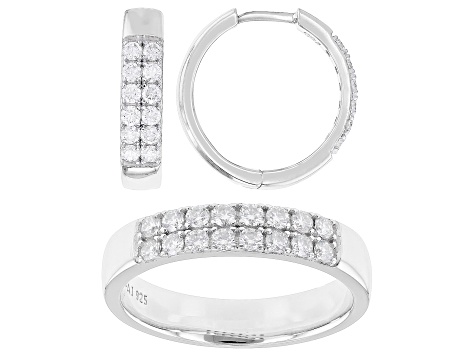 Moissanite Platineve Hoop Earrings and Band Ring Set 1.20ctw DEW.