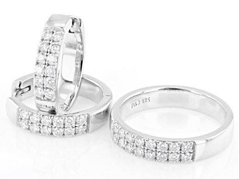Moissanite Platineve Hoop Earrings and Band Ring Set 1.20ctw DEW.