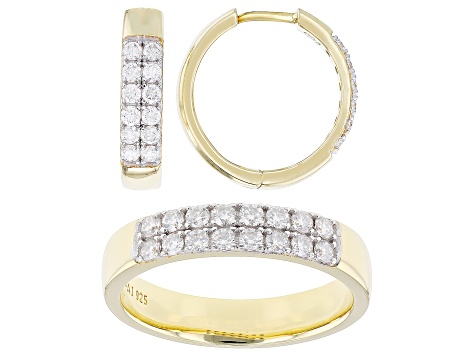 Moissanite 14k Yellow Gold Over Silver Hoop Earrings and Band Ring Set 1.20ctw DEW.