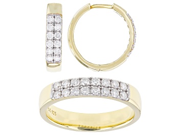 Picture of Moissanite 14k Yellow Gold Over Silver Hoop Earrings and Band Ring Set 1.20ctw DEW.