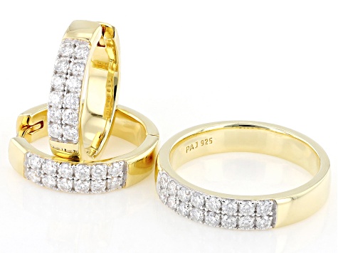 Moissanite 14k Yellow Gold Over Silver Hoop Earrings and Band Ring Set 1.20ctw DEW.