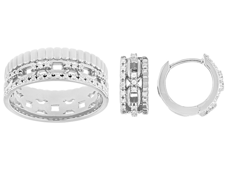 Moissanite Platineve Huggie Earrings And Band Ring Set 0.18ctw DEW.