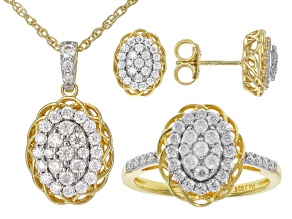 Moissanite 14k Yellow Gold Over Silver Earrings, Ring, And Pendant Set 1.74ctw DEW.