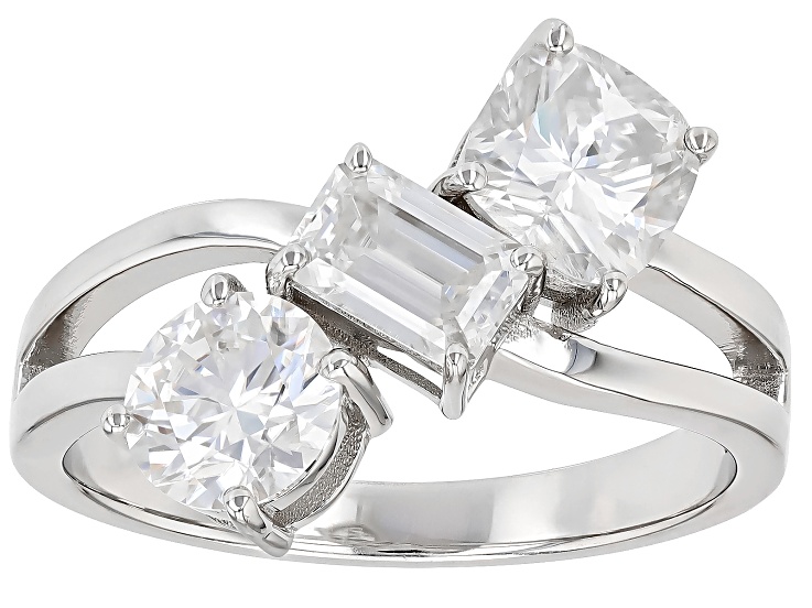 Moissanite Platineve Three Stone Design Ring 2.48ctw DEW