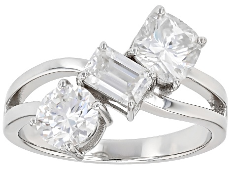 Moissanite Platineve Three Stone Design Ring 2.48ctw DEW