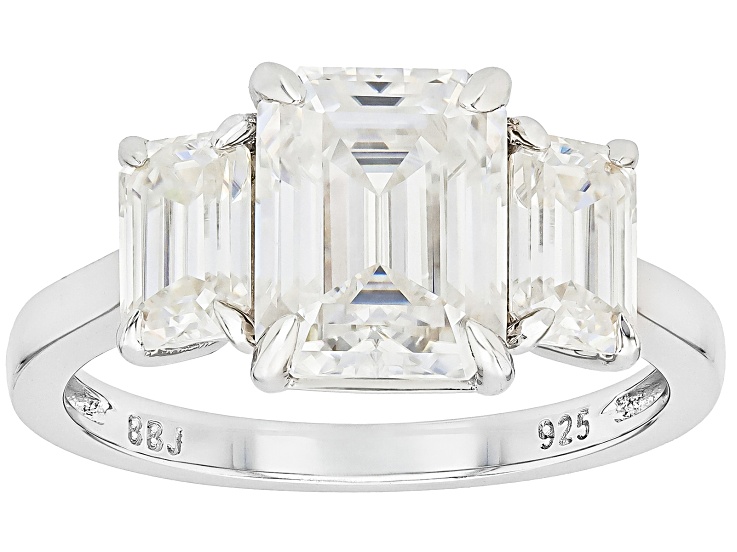Moissanite Platineve Three Stone Ring 3.71ctw DEW.