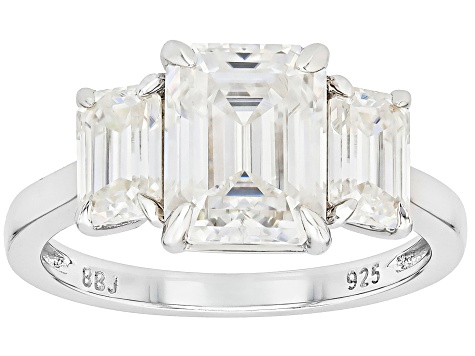 Moissanite Platineve Three Stone Ring 3.71ctw DEW.