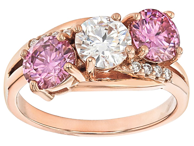 Pink And Colorless Moissanite 14k Rose Gold Over Silver 3 Stone