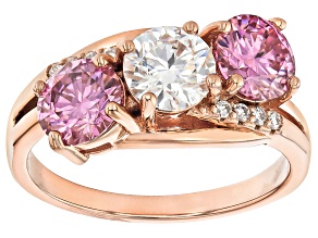 Pink And Colorless Moissanite 14k Rose Gold Over Silver 3 Stone Ring 2.48ctw DEW.