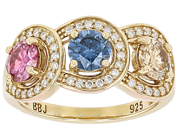 Pink, Blue Champagne And Colorless Moissanite 14k Yellow Gold Over Silver Ring 1.97ctw DEW