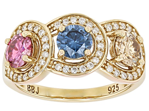 Pink, Blue Champagne And Colorless Moissanite 14k Yellow Gold Over Silver Ring 1.97ctw DEW