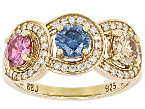 Pink, Blue Champagne And Colorless Moissanite 14k Yellow Gold Over Silver Ring 1.97ctw DEW