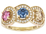 Pink, Blue Champagne And Colorless Moissanite 14k Yellow Gold Over Silver Ring 1.97ctw DEW