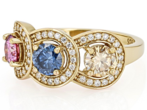 Pink, Blue Champagne And Colorless Moissanite 14k Yellow Gold Over Silver Ring 1.97ctw DEW