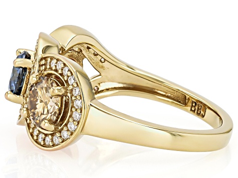 Pink, Blue Champagne And Colorless Moissanite 14k Yellow Gold Over Silver Ring 1.97ctw DEW