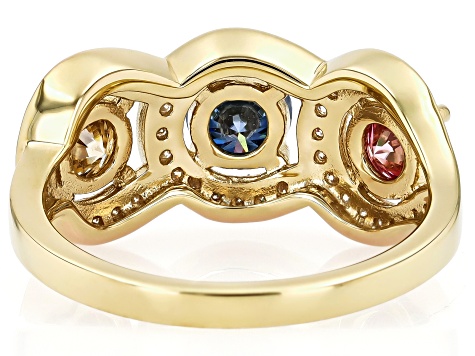 Pink, Blue Champagne And Colorless Moissanite 14k Yellow Gold Over Silver Ring 1.97ctw DEW
