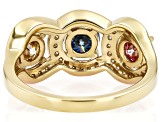 Pink, Blue Champagne And Colorless Moissanite 14k Yellow Gold Over Silver Ring 1.97ctw DEW