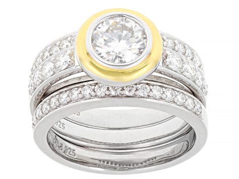 Moissanite Platineve And 14k Yellow Gold Over Platineve Ring With Two Bands 1.68ctw DEW.