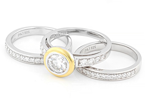 Moissanite Platineve And 14k Yellow Gold Over Platineve Ring With Two Bands 1.68ctw DEW.