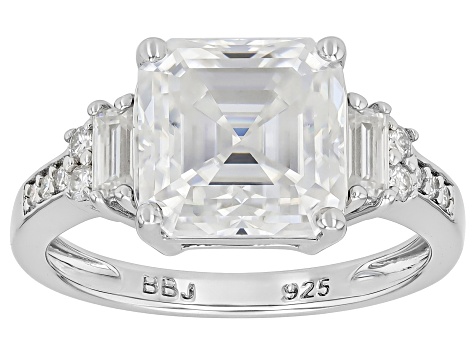 145 Faceted Asscher Cut Moissanite Platineve Ring 4.09ctw DEW