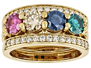 Colorless And Multi Color Moissanite 14k Yellow Gold Over Silver Ring With Two Bands 2.60ctw DEW
