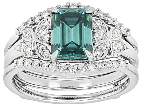 Green And Colorless Moissanite Platineve Ring With Guard Set 2.17ctw DEW