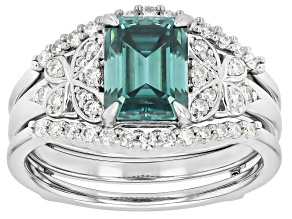 Green And Colorless Moissanite Platineve Ring With Guard Set 2.17ctw DEW