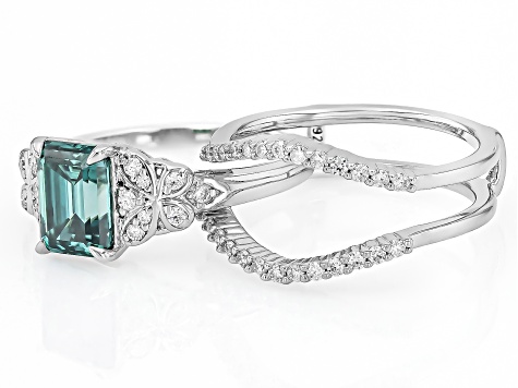 Green And Colorless Moissanite Platineve Ring With Guard Set 2.17ctw DEW