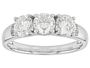 Moissanite And White Diamond Platineve Three Stone Ring 1.52ctw DEW.