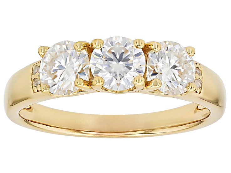 Moissanite And White Diamond 14k Yellow Gold Over Silver Three Stone Ring 1.52ctw DEW.