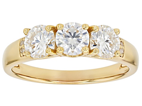 Moissanite And White Diamond 14k Yellow Gold Over Silver Three Stone Ring 1.52ctw DEW.