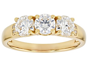 Moissanite And White Diamond 14k Yellow Gold Over Silver Three Stone Ring 1.52ctw DEW.