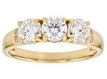 Moissanite And White Diamond 14k Yellow Gold Over Silver Three Stone Ring 1.52ctw DEW.