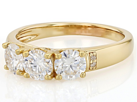 Moissanite And White Diamond 14k Yellow Gold Over Silver Three Stone Ring 1.52ctw DEW.
